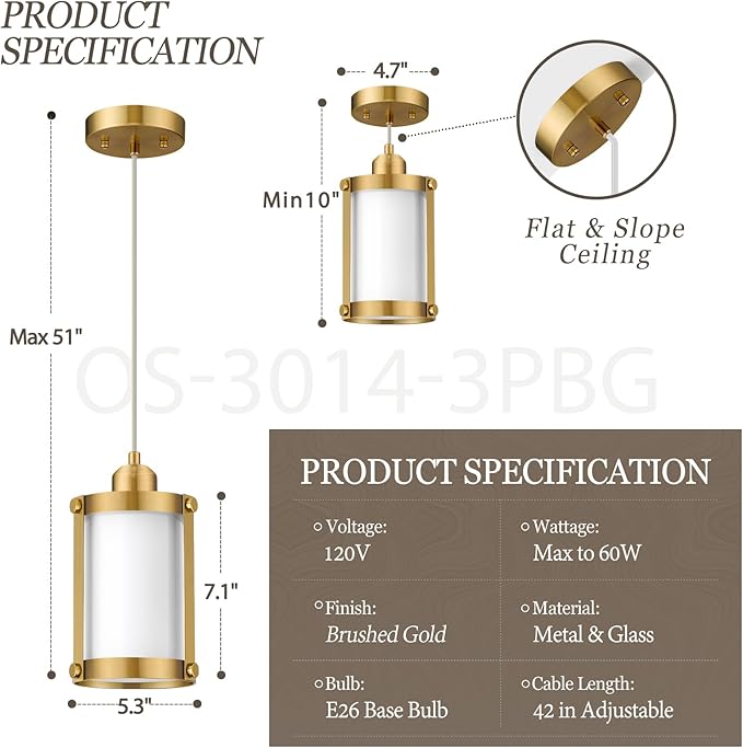 Brushed Gold Pendant Lights Kitchen Island, 1-Light Modern Brass Mini Hanging Light Fixtures with Milk Glass, Farmhouse Kitchen Pendant Lighting Over Island for Sink, OS-3014-1PBGW