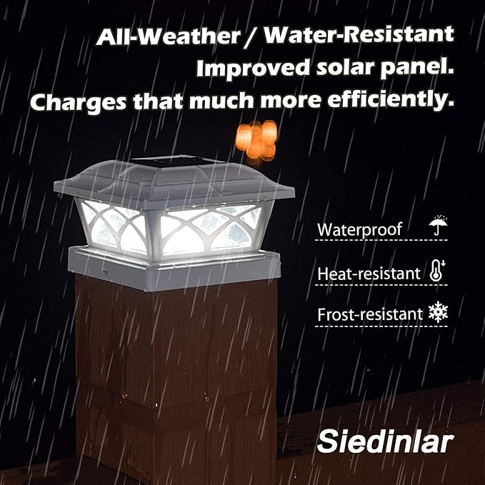 SIEDiNLAR Solar Post Cap Lights Outdoor Glass 2 Color Modes 8 LEDs for 4x4 5x5 6x6 Posts Fence Deck Patio Decoration Warm White & Cool White Lighting White (6 Pack)