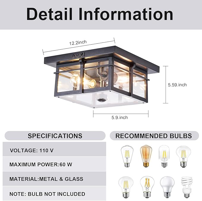 Motion Sensor Outdoor Flush Mount Ceiling Light, Industrial Glass Rustic Wood-Like Finish 2-Light Ceiling Lamp for Porch, Entryway, Garage, Timer and Sensitivity Adjustable (Black-Square)