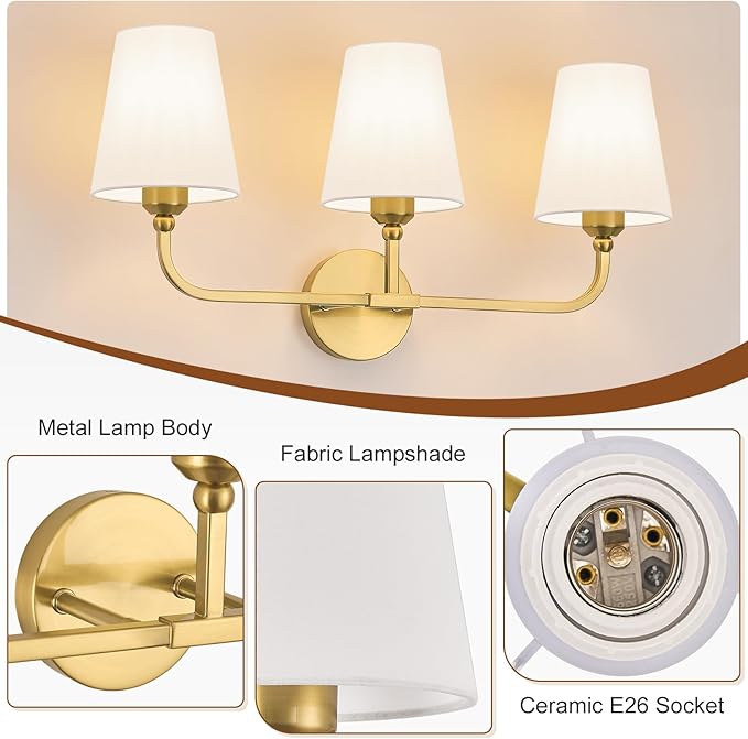 Bathroom Vanity Light, Brushed Gold Bathroom Light Fixtures, 3-Light Lighting Fixtures Over Mirror, Modern Wall Sconce with Flared White Fabric Shade, E26 Socket(ETL Listed)