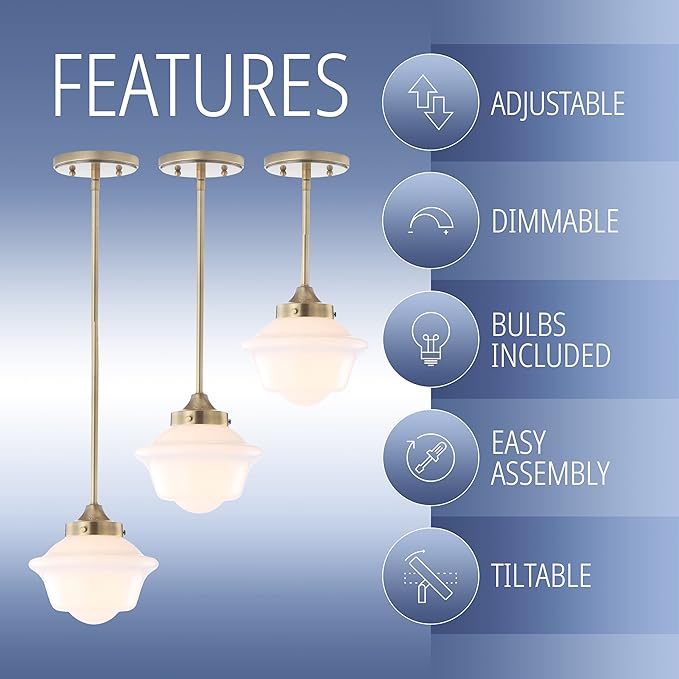 JONATHAN Y 7.2" Brass Gold Modern Schoolhouse LED Pendant Light Fixture, Adjustable Drop Metal Hanging Lamp with White Glass Shade for Kitchen Island, Dining Room, Foyer JYL3516A