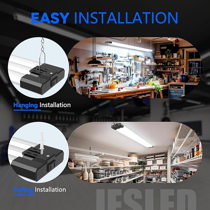 JESLED LED Shop Lights 4FT, 3CCT Selectable 4000K/5000K/6500K, Adjustable 30W/40W/50W, 7500LM Super Bright (300W Equivalent), Linkable Utility Light for Garage, Ceiling or Hanging Mount, ETL, 2 Pack