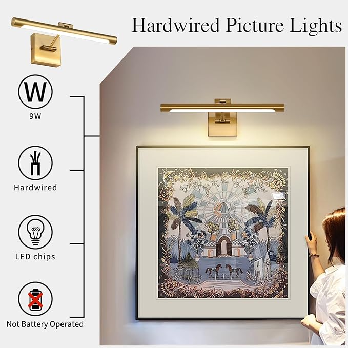 LED Picture Light Fixtures 16.54 Inches, Modern Metal Artwork Wall Lamps with Single Swing Arm, 7W (50W Eqv.), Hardwired Connection, Non-Dimmable, 3000K Warm White, CRI80+, Golden-Like Brass Finish