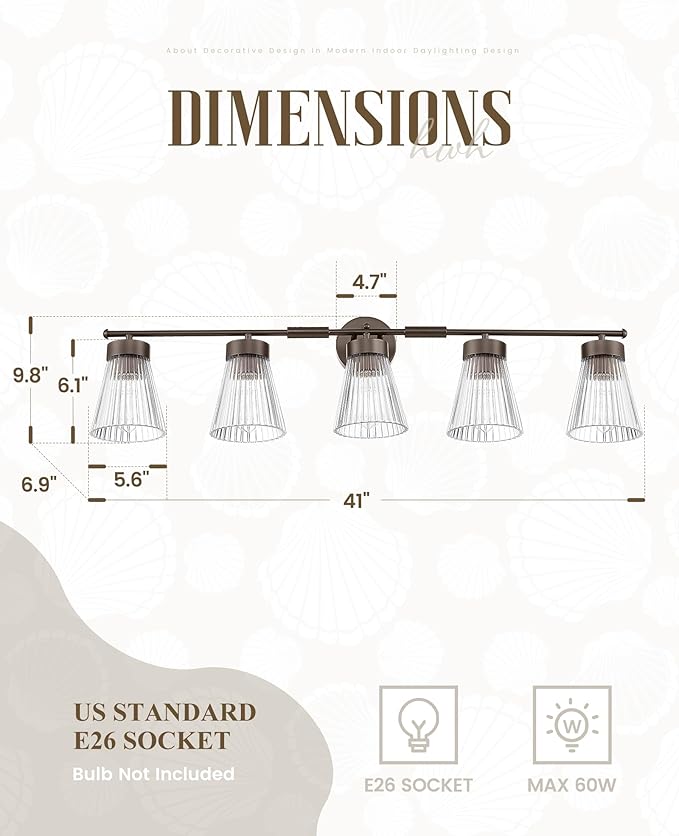 5-Light Bathroom Vanity Light, HWH Farmhouse Vanity Lights for Bathroom Vanity Lamp Oil Rubbed Bronze, Vanity Sconce with Clear Striped Glass, 5HZG97B-5W ORB