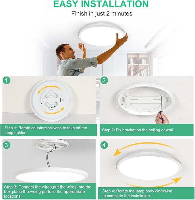 DELIPOP 4 Pack 12 Inch Ceiling Light, 24W Dimmable & 3000K-4500K-6000K 3 Color Selectable Ceiling Light for Indoor/Outdoor, Round Light Fixture for Bathroom, Bedroom, Kitchen, Hallway, Balcony