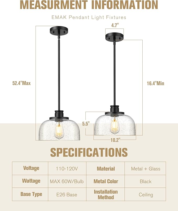 Emak Modern Black Pendant Light, 10 Inch Large Pendant Lights Kitchen Island with Seeded Glass Shade, Farmhouse Kitchen Island Lighting for Dining Room, Bathroom, Bar, PL131-BK-SG