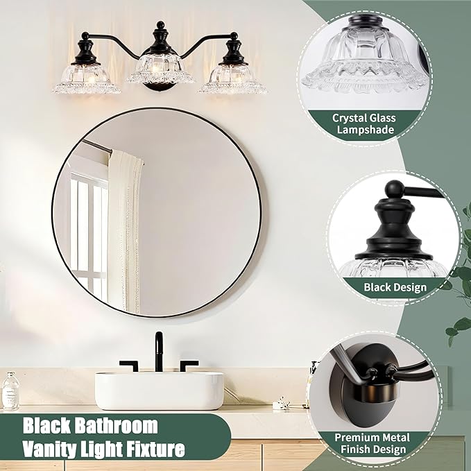 Espird Black Bathroom Light Fixtures Over Mirror, 3 Light Vintage Bathroom Vanity Light Fixture with Clear Flower Glass Shades, Retro Matte Black Wall Sconce E26 Vanity Lights for Bathroom