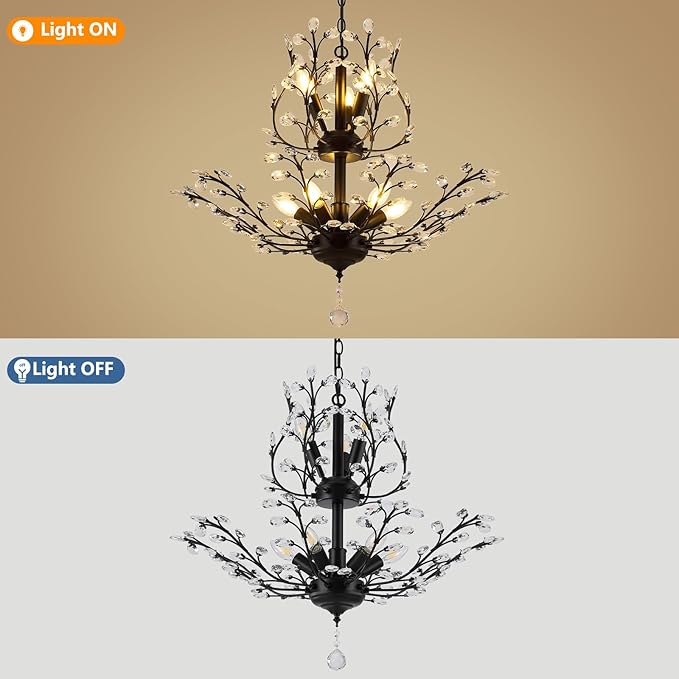 Black Crystal Chandelier, Farmhouse 8-Light Large Branch Pendant Light with Adjustable Chain, 2-Tier Vintage Flower Ceiling Hanging Chandelier for Dining Room, Living Room, Kitchen, Hallway