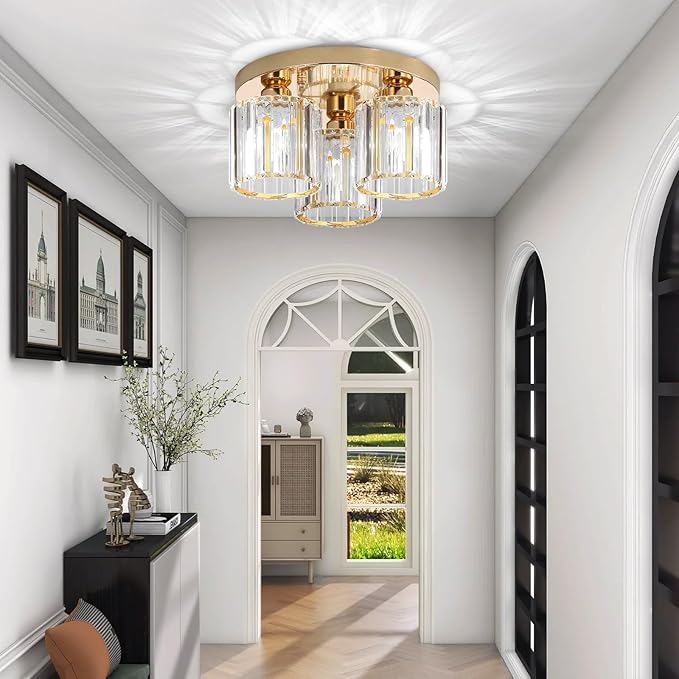 Gold Glam Chandelier Crystal Ceiling Light for Bedroom Lighting Fixtures LED Drum Light for Dining Room Kitchen Entrway Foyer