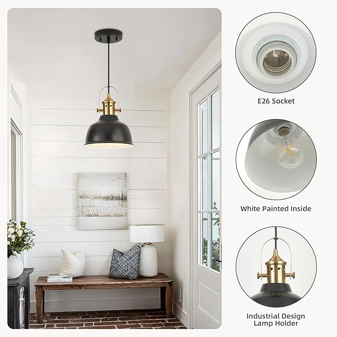 Farmhouse Small Pendant Lights, Black Pendant Lighting for Kitchen Island, lndustrial Adjustable Height Hanging Light for Barn, Dining Room, 2 Pack