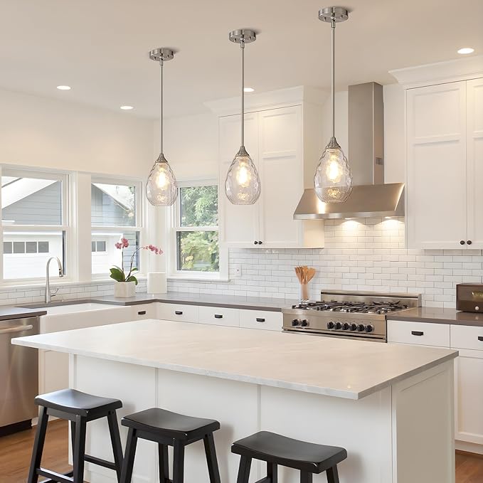 Glass Pendant Lights Kitchen Island, 1-Light Modern Brushed Nickel Pendant Light Fixtures with Hammered Glass and Rods, Small Hanging Light for Kitchen Sink Dining Room Bathroom