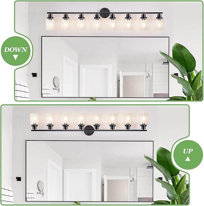 8-Light Black Vanity Lights, Modern Bathroom Light Fixtures with Clear Glass Shade, Wall Lamps for Mirror Kitchen Hallway Cabinet Living Room Sconces Lights - E26