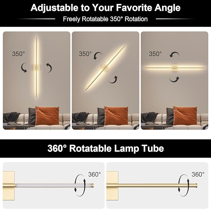 Battery Operated Wall Sconce, 5CCT Dimmable Gold Wall Lights with Remote Control, Timable LED Wireless Wall Sconces, 350° Ratate for Bathroom, Living Room, Hallway 39.4 Inch 1 Pack