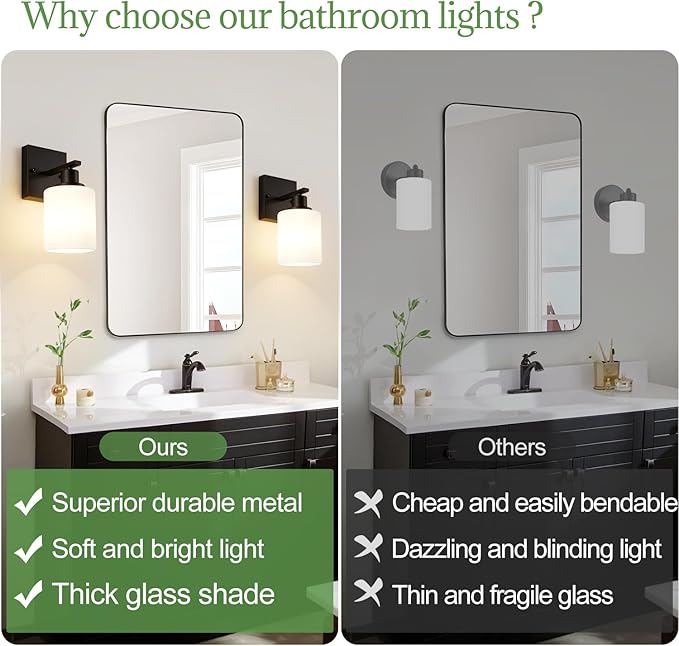 MOKATNG Set of 2 Wall Sconces for Bathroom,Black Modern Vanity Lights with White Glass Shade,Bathroom Wall Lamp for Mirror Kitchen Living Room Hallway Cabinet Porch