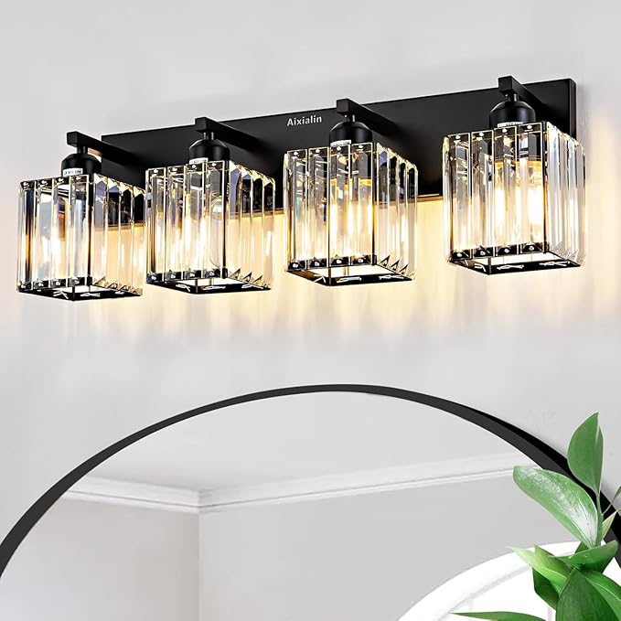 Modern Crystal Bathroom Vanity Light 4-Lights Modern Black Crystal Bathroom Wall Light Fixtures Over Mirror
