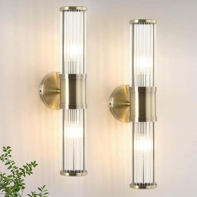 Brushed Bronze Wall Sconces Set of Two, Bathroom Sconces with Glass Rods Shade, Modern Vanity Sconces Lighting Over Mirror, Wall Light Fixtures for Living Room Bedroom (Bulbs Not Included)