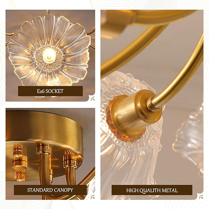 Mid Century Modern Close to Ceiling Light Fixtures Flower Flush Mount Ceiling Lights Glass Chandelier 3-Light Gold Brass Overhead Light Sputnik Ceiling Lighting for Dining Living Room