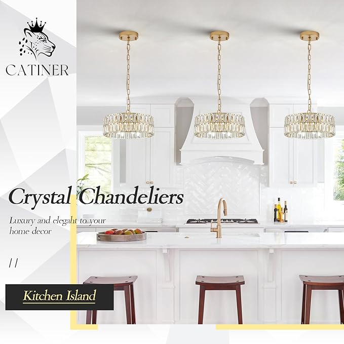 CATINER Small Gold Crystal Chandeliers, Modern Semi Flush Mount Chandelier 4-Light Drum Crystal Ceiling Pendant Light Fixture 12” for Foyer Entryway Kitchen Hallway Dining Room