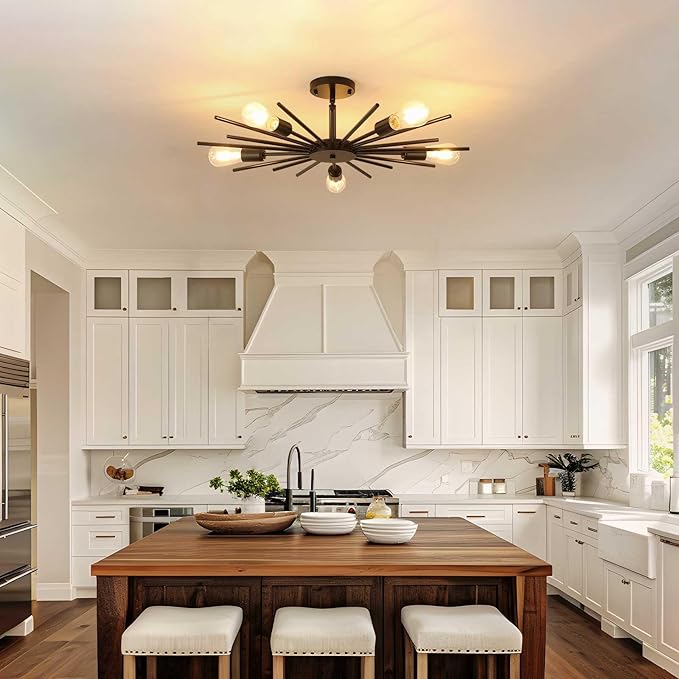 Black Semi Flush Mount Ceiling Light, 27.5 Inch 5-Light Large Sputnik Flush Mount Light Fixtures, Farmhouse Industrial Sloped Ceiling Lighting for Kitchen, Entryway, Bedroom, Living Room