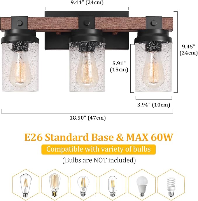 Farmhouse Vanity Light Fixtures, 3-Light Rustic Bathroom Lights Over Mirror with Pretty Glass Shade, Industrial Black Metal Wood Wall Decor Sconces for Living Room Hallway Stairway