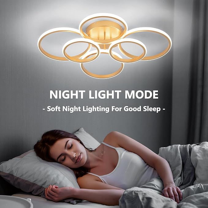 Modern Ceiling Lights, 6 Rings Dimmable Gold LED Ceiling Light Fixtures with Remote Control, 60W Close to Ceilings Lighting for Living Room, Bedroom, Dining Room