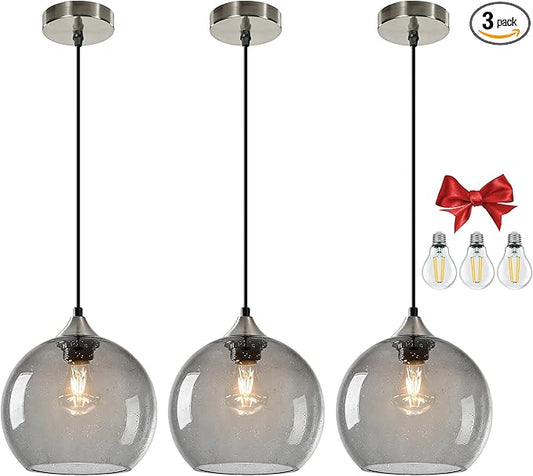 9.1in Large Light Gray Glass Pendant Light for Kitchen Island, 3-Pack with Extra LED Bulbs & 4.92ft Adjustable Cord | Modern Minimalist Lighting for Dining Room, Living Room, Entryway