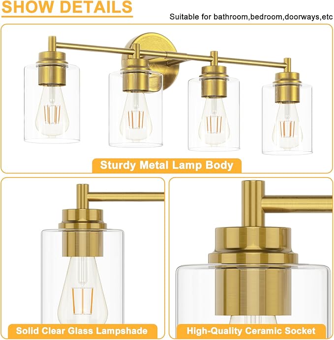 ChangM Bathroom Vanity Light Fixtures 4-Light, Brushed Gold Bathroom Light Fixture Over Mirror with Clear Glass Shade, Bathroom Wall Sconce Lamp for Living Room Porch Hallway(Not Incloud Bulb)