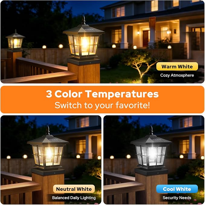 NIORSUN Solar Post Lights Outdoor, Fence Post Solar Lights with 3 Color Temperatures, Edison LED Bulbs Garden Patio Fence Deck Decor, 4x4 Posts Caps, 4x4, 5x5 Wooden & Vinyl (4 Pack,Black)