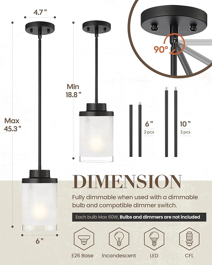 TENGXIN Modern Pendant Light, 6 Inch Matte Black Pendant Lights Kitchen Island,Farmhouse Pendant Lighting for Dining Room Bedroom Bar Office,TXPLBK01-L