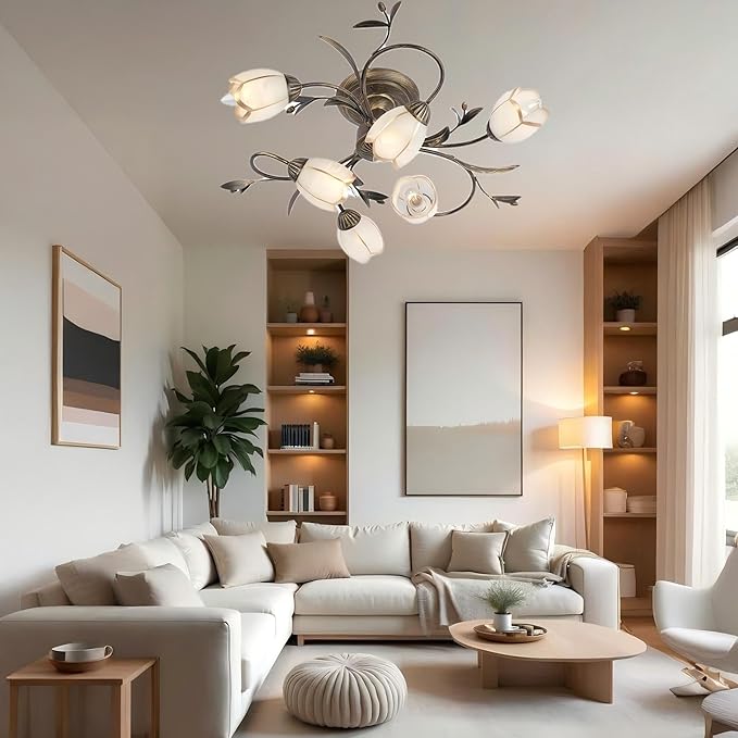 24 Inch 6-Lights Branch Shaped Ceiling Lights, Creative Retro Style Flower Vine Ceiling Light Fixtures, Country Style Ceiling Lamp for Living Room, Bedroom, Kitchen, Study Room