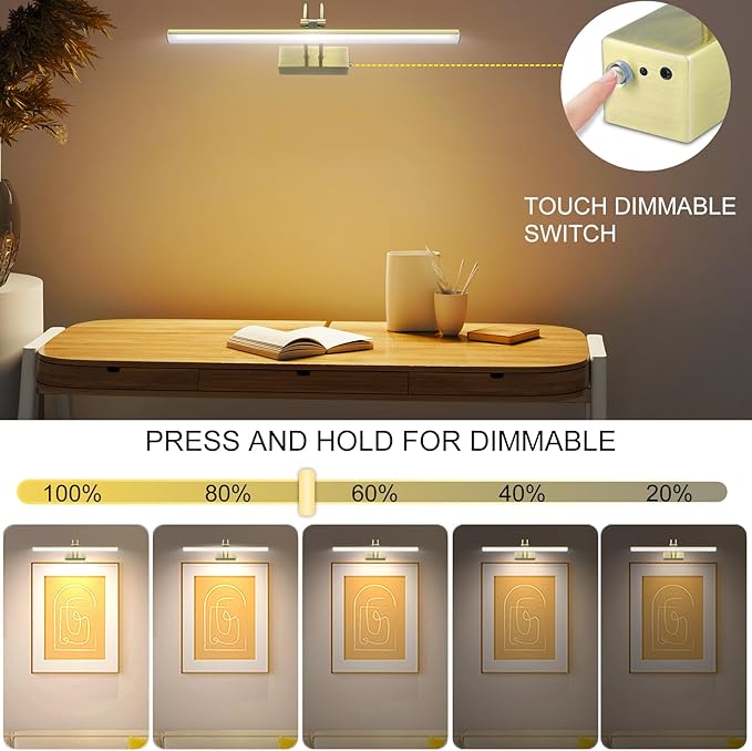 Picture Light, Picture Lights for Wall Cordless, 16inch Picture Lights with Timer and Dimmable, 5000mAh Battery Wall Lights for Display Gallery Painting Art Frame Portrait - Antique Brass 2 Colors