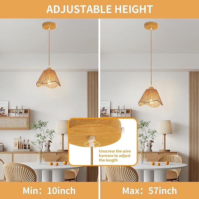 Wave Rattan Chandelier Pendant Lights Kitchen Island,Farmhouse Boho Chandeliers Adjustable Height Hanging lamp for Dining Room,Kitchen Ceiling Light Fixtures with Hand Woven Wicker Lampshade