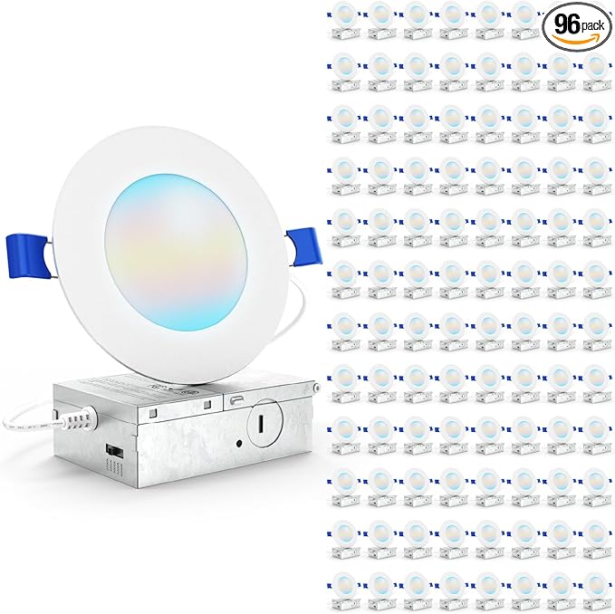 Sunco 96 Pack 4 Inch LED Recessed Lights, Canless Ceiling Light Slim, 650 LM, 10W, Selectable CCT 2700K/3000K/4000K/5000K/6000K, Dimmable, Wafer Thin, with Junction Box ETL.