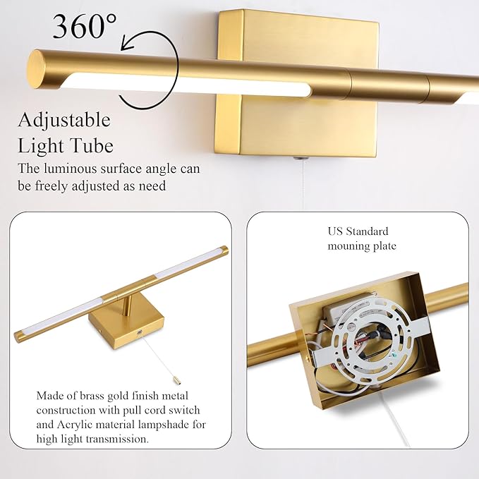 24 Inch Brass Gold LED Bar Bathroom Vanity Light,360° Rotatable Vanity Light Fixtures with Pull Chain Over Mirror,4000K Modern Bathroom Sconces Wall Lighting Picture Light