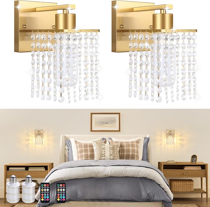Shenmoyl Set of 2 Crystal Battery Operated Wall Sconce,Rechargeable Wall Lamp with 5200mAh Battery & Remote Control, Modern Dimmable Wireless Wall Lights for Bedroom Bathroom (Clear, Gold Base)