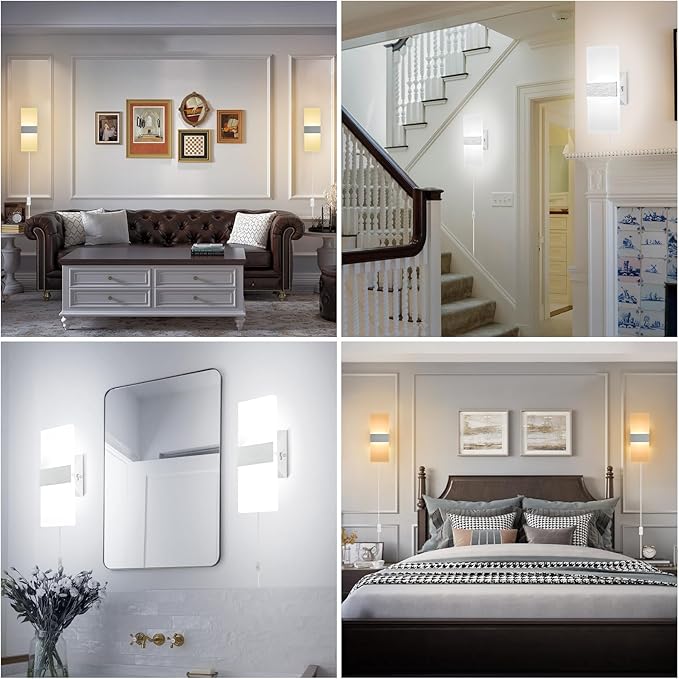 TRLIFE Wall Sconces Plug in, Adjustable 4 Color Temperature Modern LED Wall Sconce, 12W Acrylic Wall Mounted Light Set of 2 Wall Lights with 6FT Plug in Cord for Bedroom Bedside(2 Pack, Silver)