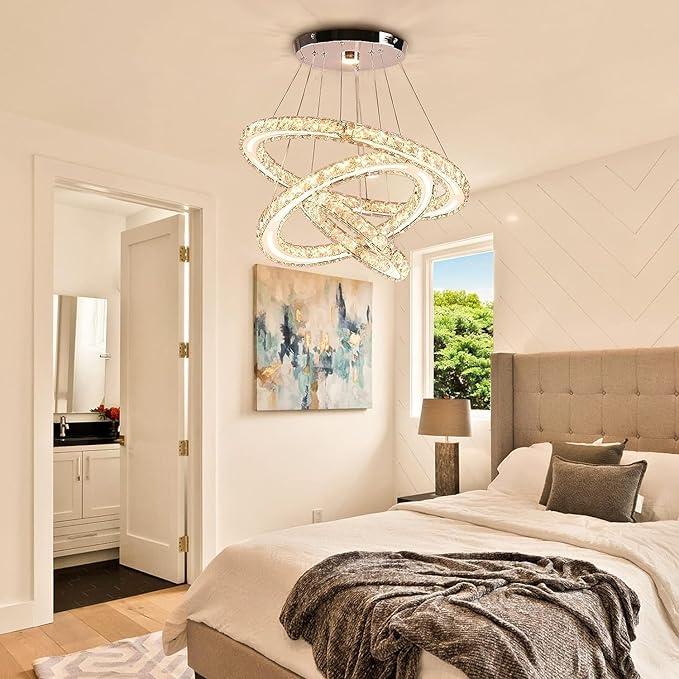 CXGLEAMING Modern Chandeliers Crystal Ceiling Light 3 Rings Dimmable LED Pendant Light Fixture Ceiling Hanging for Living Room Dining Room Bedroom Kitchen 250mm Base 209 Crystals(Dimmable)