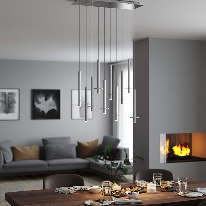 Draco 10 Pendant Lighting Nickel – LED Hanging Light Fixture for Kitchen Island, Bar, Foyer – Equilateral Cluster of Mini Metal Rod Pipe Tube Cylinders – Dimmable, Adjustable Wire, Lamp Bulb Included