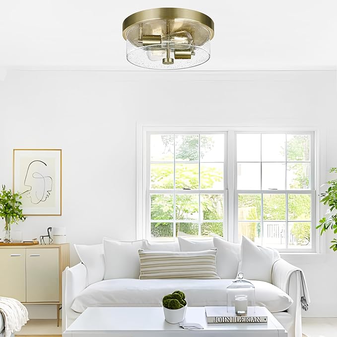 Flush Mount Ceiling Light Fixtures, 2-Light Brass Ceiling Mount for Farmhouse with Seeded Glass Lampshade, Industrial Hall Flush Mount Light Fixture for Hallway, Kitchen, Entryway, Bedroom and Foyer