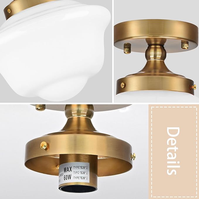 Bagood 10" Mid Century Light Fixture Gold Schoolhouse Lights Fixture Schoolhouse Light Fixtures Ceiling Milk Glass Lights Fixtures Semi Flush Mount Ceiling for Bathroom Kitchen (Bulb Incl.)