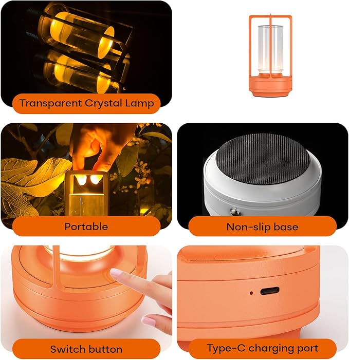 Portable Table Lamp for Indoor/Outdoor, Rechargeable Cordless Desk Lamp with Touch Sensor, 3 Way Dimmable Suitable for Bars/Cafes/Restaurants/Bedrooms/Camping Sites (Orange)