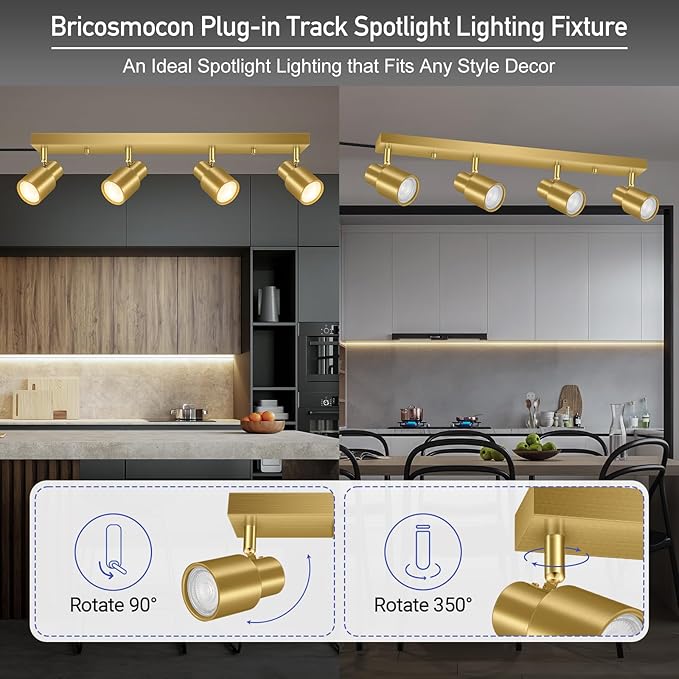 Plug in Track Lighting, 23" LED Track Light Fixtures Ceiling, Gold 4 Way Spotlight, Rotatable Light Head, Plug in Ceiling Light with Power Cord, Plug Wall Light for Kitchen Hallway Bar(GU10, NO Bulb)