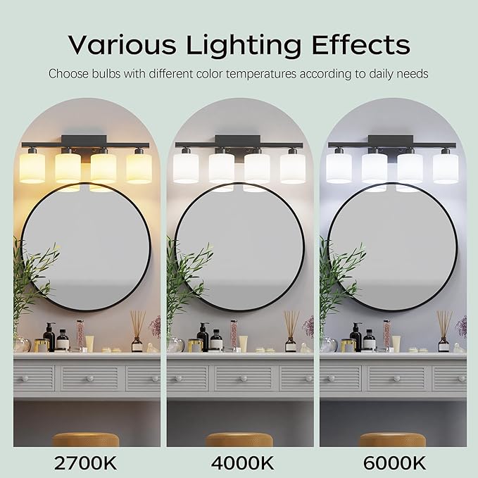PARTPHONER Bathroom Light Fixtures, Bathroom Lighting Fixtures Over Mirror, Interior Classic Vanity Lights, Modern Vanity Light with Textured White Glass Shade, Matte Black, 4-Light