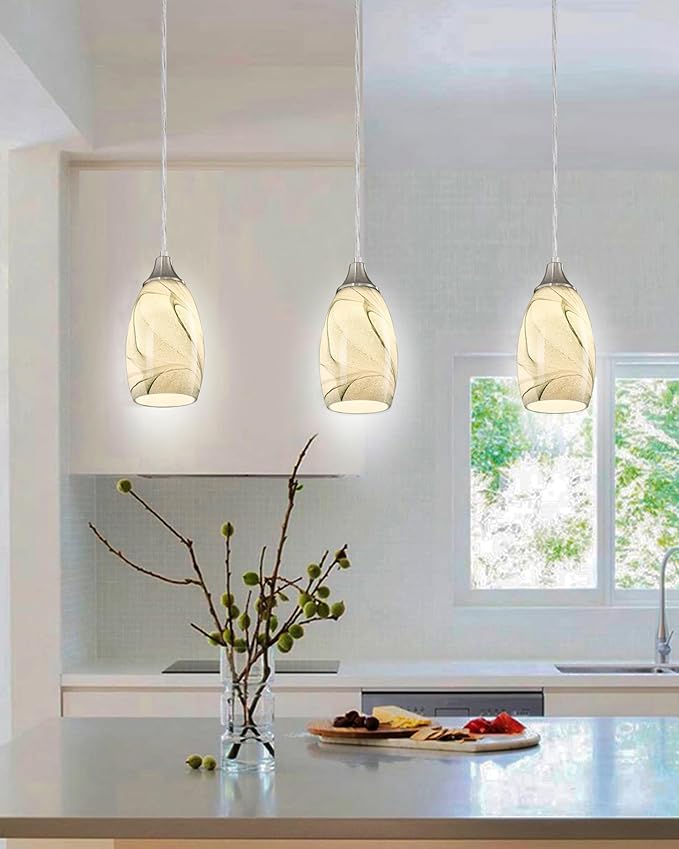 karyfine Mini Pendant Lights Kitchen Island Light Brown Glass Lamp Shade Hand Blown Glass Pendant Light with Brush Nickel Finish Adjustable Cord for Kitchen Over Sink (Green Marble-1Packs)