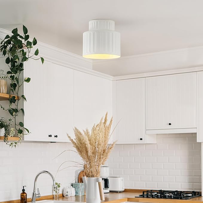 GLOBE Electric 66000135 1-Light Flush Mount Ceiling Light, Ceramic Effect Shade, Matte Off-White, Ribbed, Home Improvement, Dining Room, Kitchen