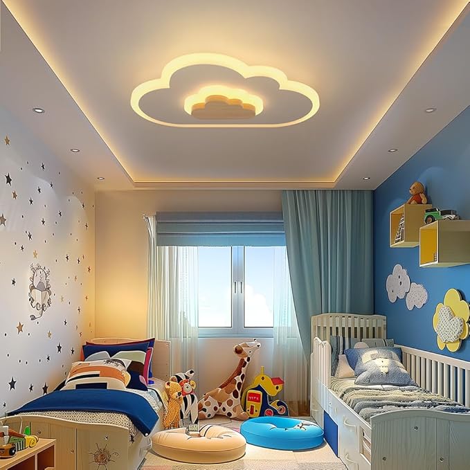 LED Wood Cloud Cartoon Kids Ceiling Light 23.62in - 3000-6500K with Nightlight - Bedroom Nursery Lamps for Girls & Boys
