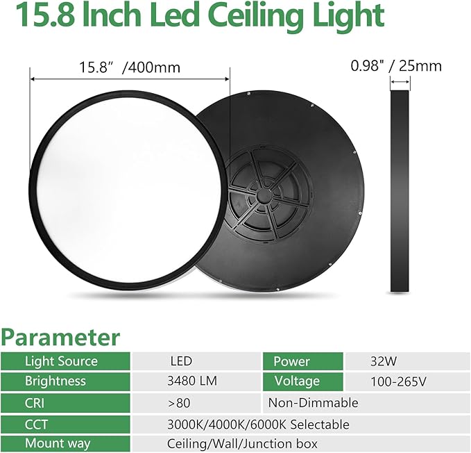 16 Inch LED Flush Mount Ceiling Light White, 32W, 3480LM, 3000K/4000K/6000K CCT Selectable, Round Flat Panel Light Low Profile Ceiling Light Fitures for Hallway, Kitchen, Bedroom, 6PK,Black