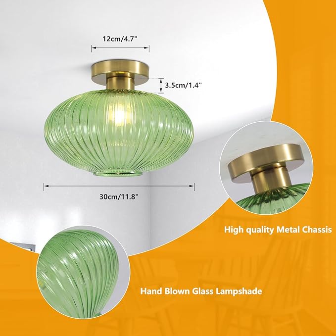 BOKT Green Stripe Glass Semi Flush Mount Ceiling Light 1-Light Mid-Century Modern Close to Ceiling Light Kitchen Ceilings Light Fixture E26 Glass Ceiling Lamp for Bedroom Hallway