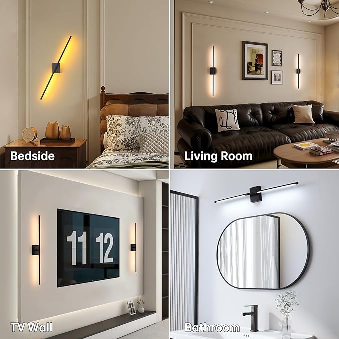 Shenmoyl Battery Operated Wall Sconce Set of 2, 5000mAh Rechargeable Wall Sconces with Detachable Battery, Indoor 350°Rotate Wall Lights for Bedroom Living Room, Black, 31.5 Inch