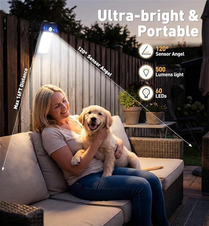 2 Pack Clip On Solar Lights Outdoor, 60 LED 500LM Motion Sensor Clamp Light